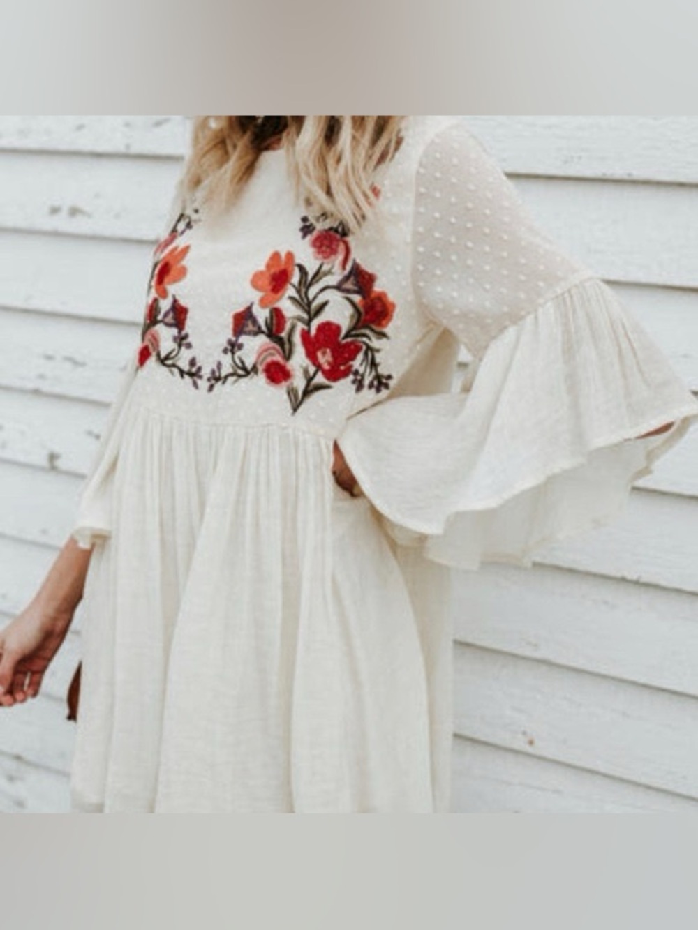Umgee Size S Embroidered Floral Ruffled Top Boho Peasant Cottage Mini Dress